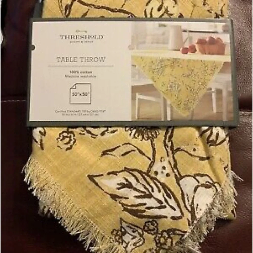 Threshold Yellow Frayed Edge Farmhouse Table Cloth Throw 50 “x 50” Vintage style